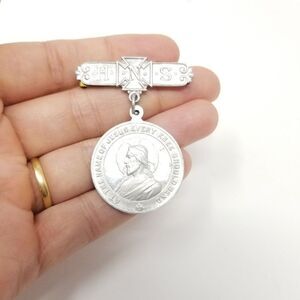 Vintage HNS Jesus Brooch Lapel Pin, Silver Tone, Religious Estate Pendant